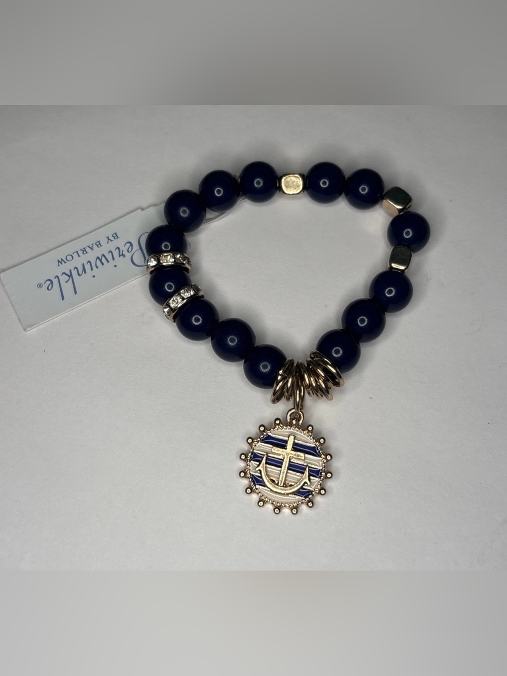 Periwinkle By Barlow Blue Bead Stretch Bracelet Nautical‎ Anchor Cross Charm NWT